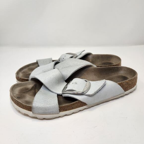 Birkenstock Siena Big Buckle Sandal Crossed Strap White Metallic Suede Size 41 - Picture 4 of 9